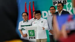 Muhaimin Iskandar mengapresiasi putusan Mahkamah Konstitusi yang menolak permohonan uji materi pasal dalam UU Nomor 7 tahun 2017 tentang Pemilu dan memutuskan Pemilu tetap memakai sistem proporsional terbuka. (Liputan6.com/Angga Yuniar)