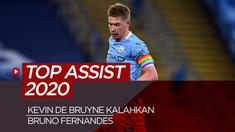 Berita motion grafis 10 top assist tahun 2020, Kevin De Bruyne kalahkan Bruno Fernandes.