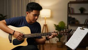 Ilustrasi lagu, musik, lirik, gitar. (Foto: Gemini)