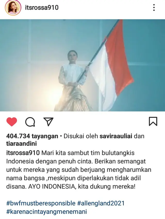 Rossa Sambut Tim Indonesia Meski Tanpa Gelar All England 2021 Lewat Instagram