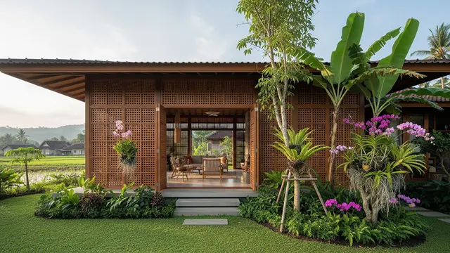 Desain Rumah Desa Adem dengan Taman Samping dan Dinding Semi Terbuka