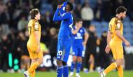 Patson Daka dari Leicester City bereaksi setelah pertandingan English Championship melawan Hull City di Leicester, Inggris, Selasa, 21 April 2026. (Jacob King/PA via AP)