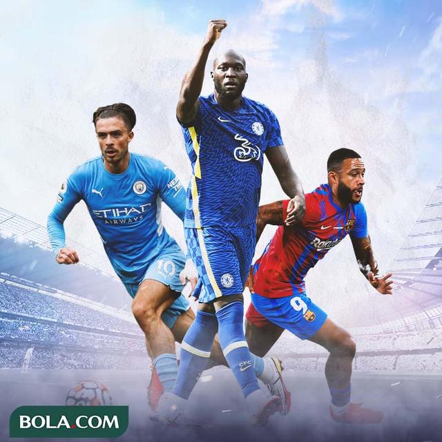 Ilustrasi - Jack Grealish, Romelu Lukaku, Memphis Depay