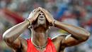 Ekspresi atlet Kenya, Nicholas Bett setelah memenangi final lari 400m gawang putra Kejuaraan Dunia Atletik 2015 di Stadion Nasional, Beijing, Tiongkok. (25/8/2015). (Reuters/Lucy Nicholson)