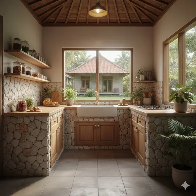 Desain Dapur Kecil Ala Tropis dengan Nuansa Kayu untuk Rumah Desa yang Hangat