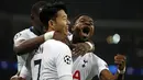 Perayaan gol Spurs dari kaki Heung Min Son pada leg 1, 16 besar Liga Champions yang berlangsung di stadion, Wembley, London, Kamis (14/2). Tottenham Hotspur menang 3-0 atas Borussia Dortmund (AFP/Glyn Kirk)