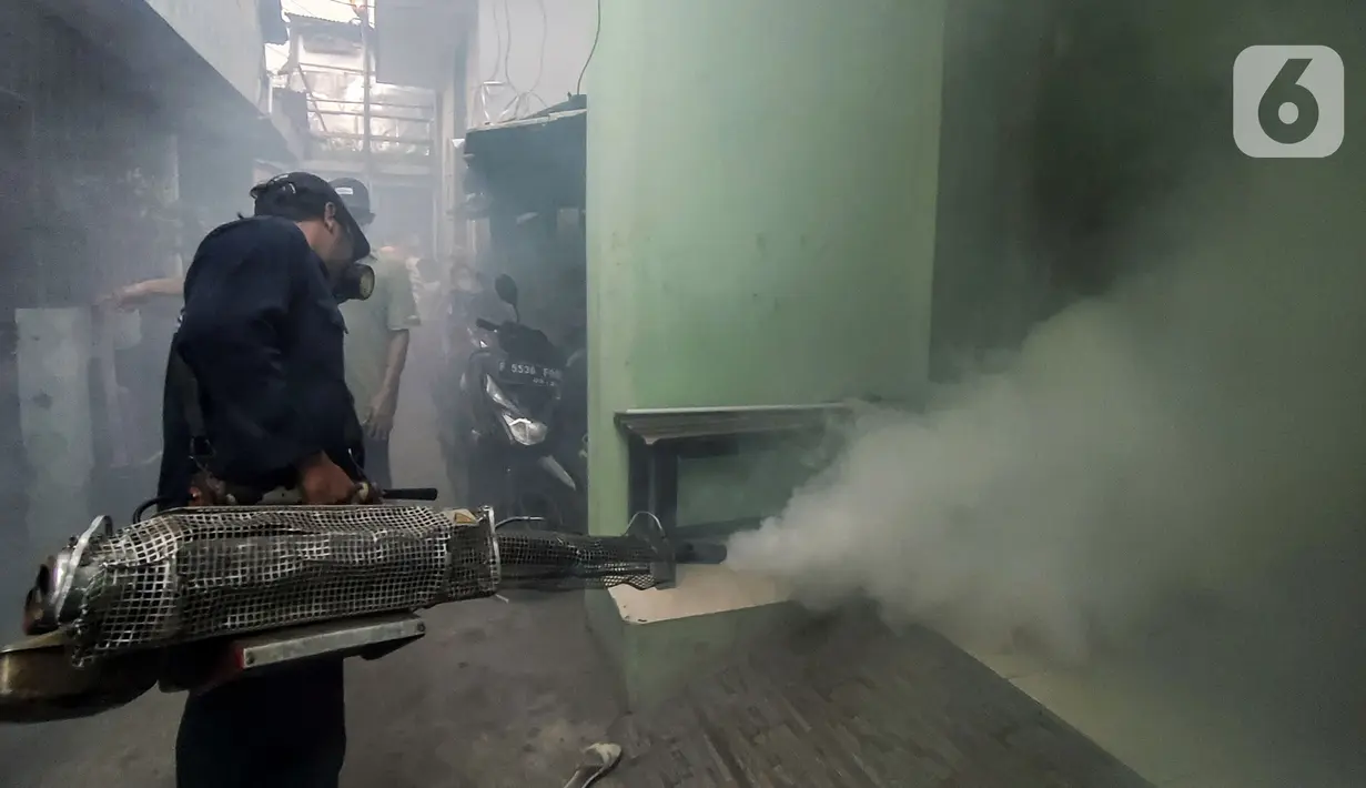 Petugas melakukan pengasapan (fogging) untuk memberantas perkembangbiakkan nyamuk Demam Berdarah Dengue (DBD) di pemukiman padat penduduk, Jakarta, Rabu (18/5/2022). Menghadapi musim pancaroba yang menjadi perkembangbiakkan nyamuk Aedes Agypty penyebab penyakit DBD, warga melakukan fogging di wilayah padat penduduk. (Liputan6.com/JohanTallo)