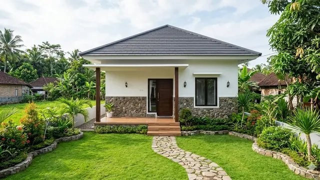 Contoh Rumah Desa dengan Kombinasi Batu Alam dan Atap Limas Modern yang Elegan. Gemini