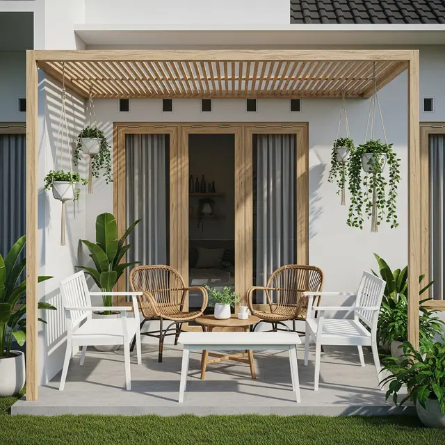 Model Teras Rumah Kecil dengan Kanopi Kayu dan Taman Gantung
