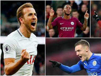Berikut ini top scorer sementara Premier League musim 2017/2018 hingga pekan ke-25. Harry Kane masih teratas dengan torehan 21 gol. (Kolase foto-foto AP dan AFP)