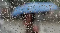 Seorang wanita memakai payung di balik jendela stasiun trem saat hujan deras di Erfurt, Jerman, (29/6). Curah hujan yang tinggi yang mengakibatkan banjir telah menimbulkan kekacauan dalam transportasi di dalam kota. (AP Photo / Jens Meyer)