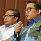 Fadli Zon (kanan) saat diskusi bertajuk "DPR Lari Kencang Capai Target Legislasi, Pemerintah: 'Slow laa', Ada Apa?" di Senayan, Jakarta, Kamis (31/3). Fadli Zon menanggapi Jokowi yang ingin DPR menghasilkan UU sedikit saja. (Liputan6.com/Johan Tallo)