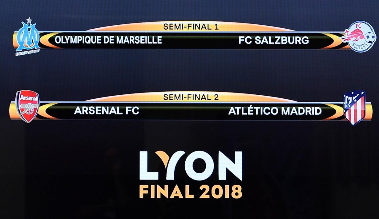Hasil undian semifinal Liga Europa di Nyon, Swiss, Jumat (13/4/2018). Arsenal akan melawan Atletico Madrid, Marseille melawan Salzburg. (AFP/Fabrice Coffrini)