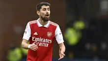 Reaksi pemain Arsenal, Jorginho saat laga lanjutan Liga Inggris 2022/2023 melawan Everton di Goodison Park, Liverpool, 4 Februari 2023. Sang pemain diboyong dari rival sekota, Chelsea dengan harga 11,3 juta euro pada Januari 2023 lalu. (AFP/Paul Ellis)