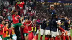 Foto kolase selebrasi Maroko yang datang ke Piala Dunia 2022 sebagai kuda hitam lolos ke semifinal berbekal kemenangan atas Portugal (kiri). Dan selebrasi timnas Prancis yang sukses memastikan kelolosan ke semifinal Piala Dunia 2022 setelah mengandaskan Inggris dengan skor 2-1. (Foto-foto: AP Photo/Martin Meissner, AFP/Adrian Dennis)