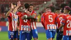 Pemain Girona merayakan gol yang dicetak oleh Viktor Tsyhankov pada laga lanjutan Liga Spanyol 2023/2024 melawan Rayo Vallecano di Montilivi Stadium, Girona, Spanyol, Selasa (27/02/2024). (AFP/Lluis Gene)