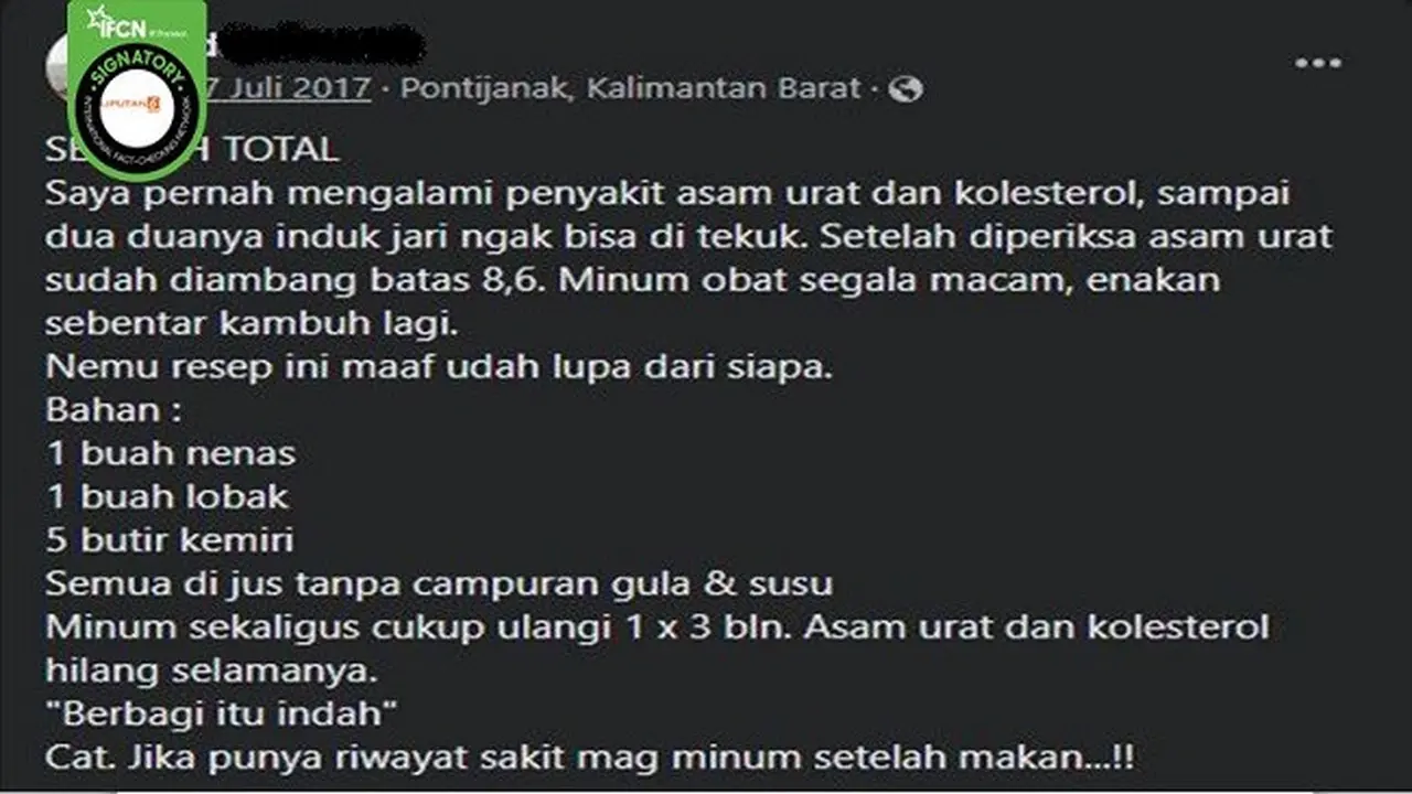 Gambar Tangkapan Layar Klaim Mengonsumsi Nanas, Lobak, dan Kemiri Dijus Bersamaan Bisa Sembuhkan Asam Urat (sumber: Facebook).
