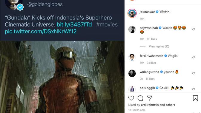Joko Anwar mengunggah tangkapan layar di Instagram dari akun Twitter @goldenglobes, yang memberikan tautan artikel berjudul 