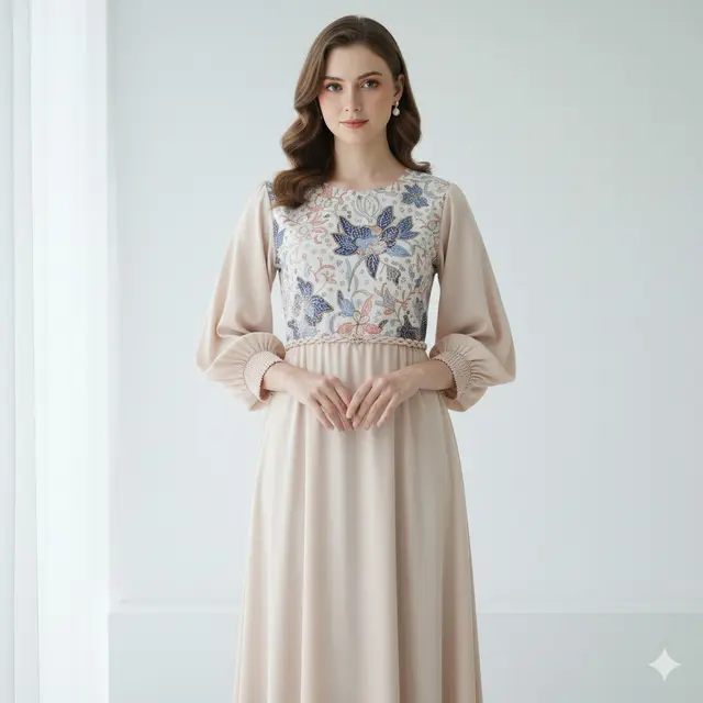 7 Model Dress Batik Kombinasi Kain Polos Warna Pastel yang Anggun, Modern dan Nyaman Dipakai