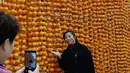 Seorang wisatawan berpose dengan hasil panen buah kesemek di Desa Maquangou di Wilayah Pinglu, Provinsi Shanxi, China utara, pada 27 Oktober 2020. (Xinhua/Ma Yimin)