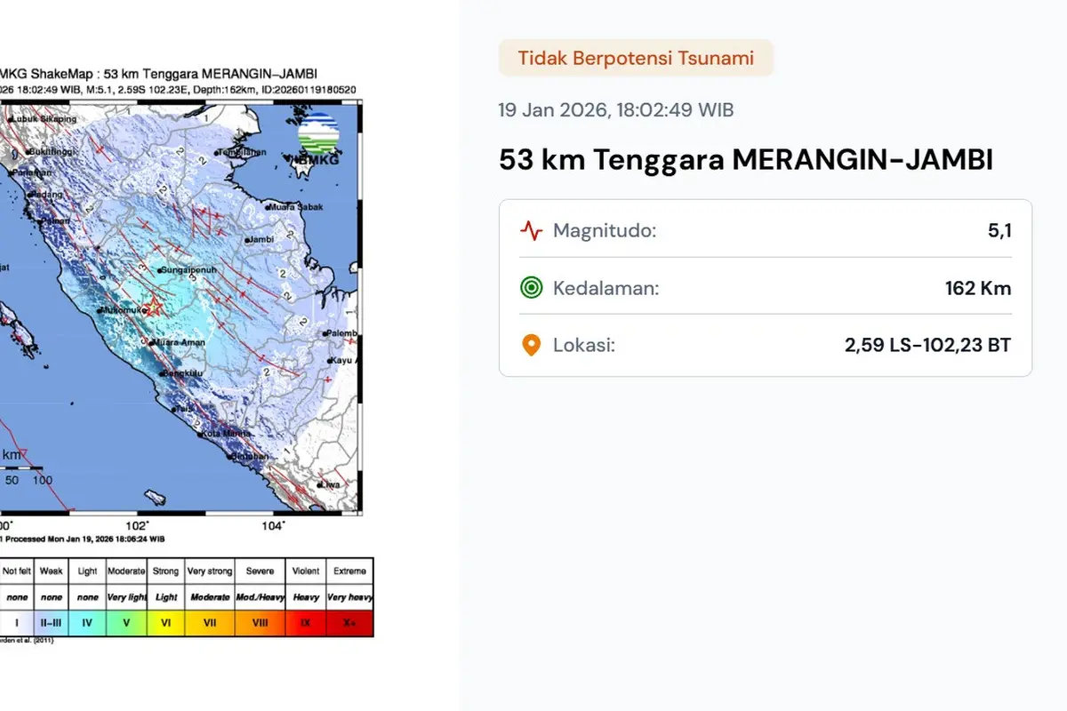 Gempa hari ini Senin (19/1/2026) saat awal pekan, berkekuatan magnitudo 5,1 getarkan wilayah Merangin, Provinsi Jambi.