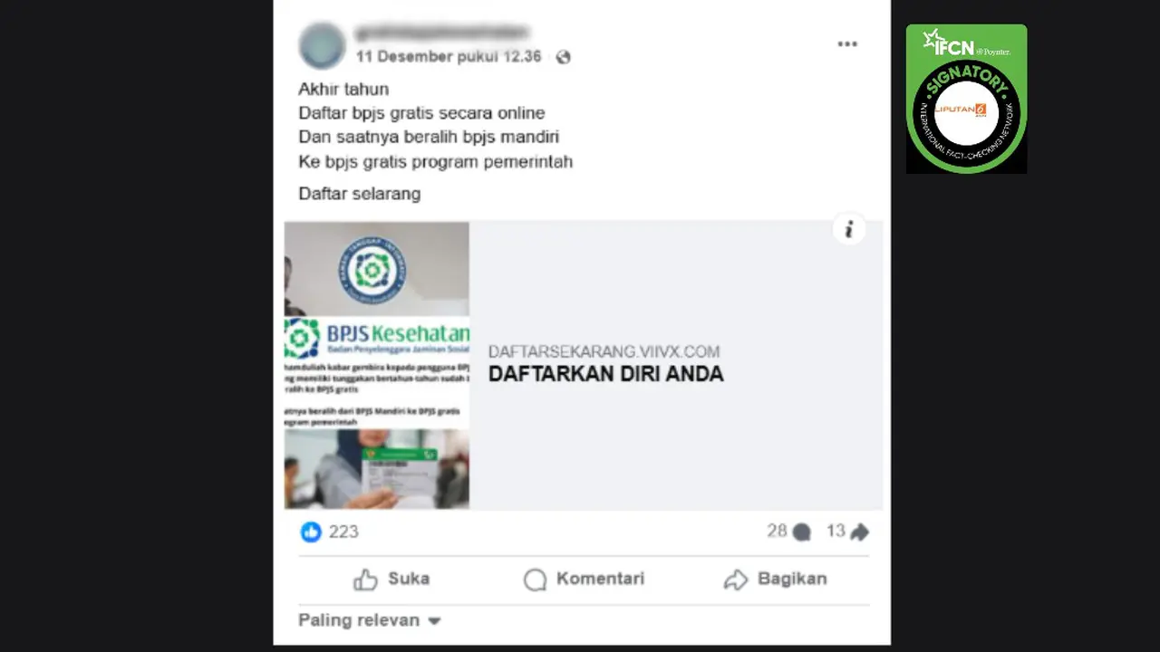Tangkapan layar klaim link pendaftaran BPJS Kesehatan gratis program pemerintah yang beredar di Facebook.
