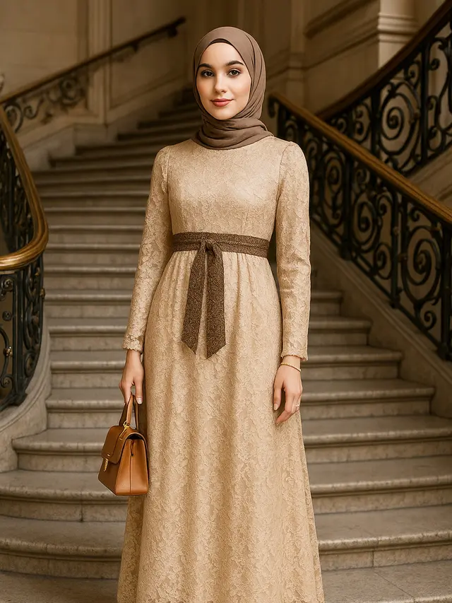 Model Gamis Brokat Tali Pinggang Depan yang Sedang Tren 2025