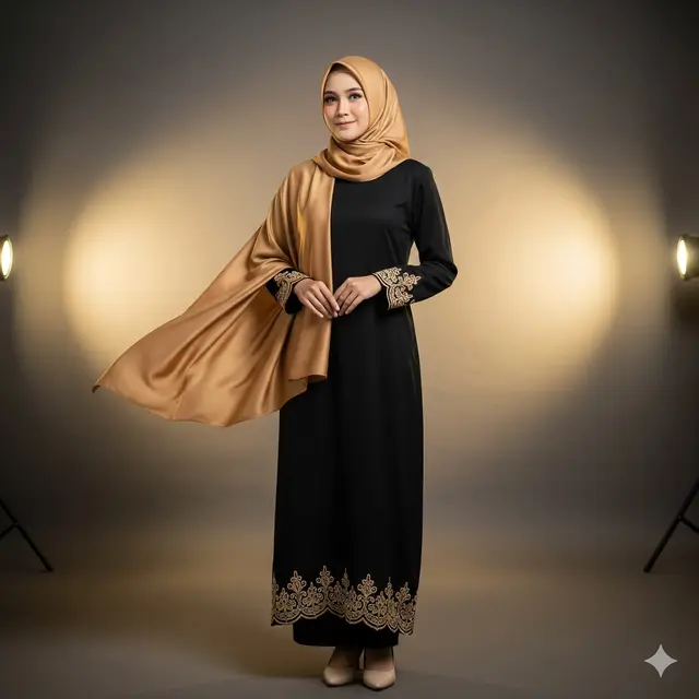 Gamis Hitam Emas + Pashmina Satin Cokelat Keemasan