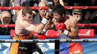 Petinju Filipina, Manny Pacquiao dan petinju Australia, Jeff Horn saling memukul pada perebutan sabuk juara kelas welter versi WBO di Stadion Suncorp, Brisbane, Minggu (2/7). Horn yang tak diunggulkan justru mampu mengalahkan Pacquiao (AP/Tertius Pickard)