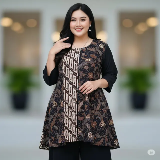 Model Baju Batik Kombinasi Kain Polos untuk Wanita Gemuk. Foto: Gemini