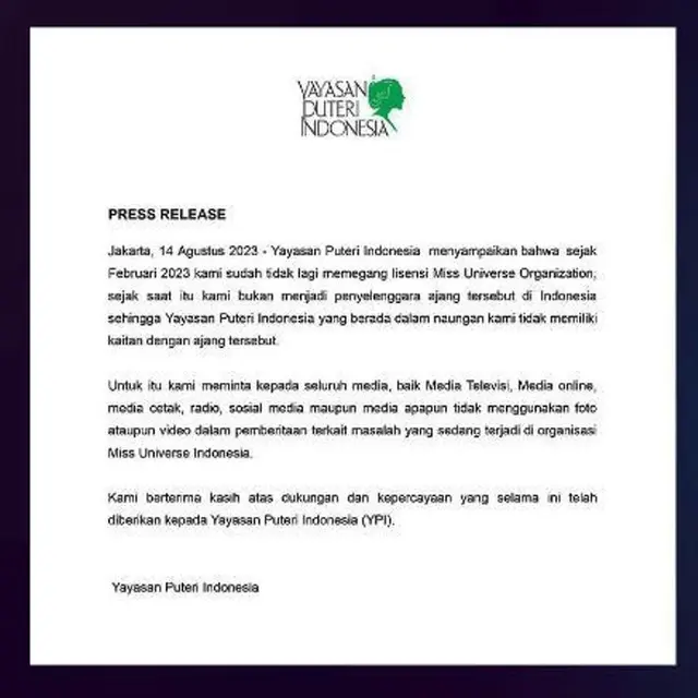 YPI Nilai Berita Pelecehan Seksual di Miss Universse Indonesia Mencemarkam Nama Baik Kontes Kecantikan