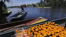 Pekerja mengangkut Marigold dengan perahu melalui Kanal Xochimilco di pinggiran Mexico City, Meksiko, 13 Oktober 2021. Di Meksiko, Marigold juga dikenal sebagai cempasúchil atau bunga kematian dan digunakan pada perayaan Day of the Dead atau Hari Kematian setiap 2 November. (AP Photo/Marco Ugarte)