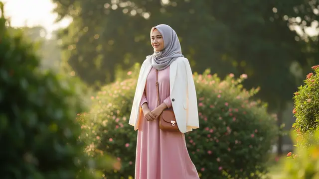 Model Gamis Polos Cutting A-Line dengan Blazer Loose Fit
