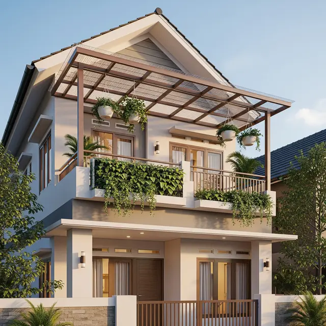 Desain Rumah Tipe 45 Dua Lantai Balkon Terbuka