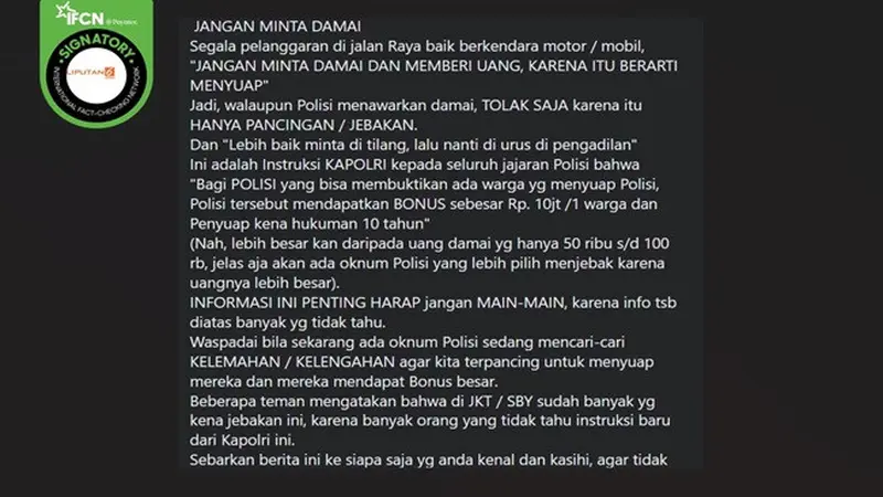 Beredar kabar adanya bonus sebesar Rp 10 juta bagi anggota polisi yang berhasil membuktikan praktik suap saat menilang kendaraan bermotor. (sumber: Facebook)