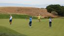Stephen Curry bergembira setelah mencetak birdie di lubang kelima belas selama putaran salah satu Ellie Mae Classic di TCP Stonebrae di Hayward, California (3/8). (Lachlan Cunningham/Getty Images/AFP)