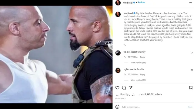 Unggahan Vin Diesel. (Instagram/ vindiesel)