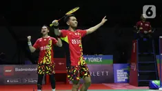 Pebulu tangkis ganda putra Indonesia, Fajar Alfian/Muhammad Rian Ardianto merayakan kemenangan atas Liang Wei Keng/Wang Chang (China) pada Final Indonesia Masters 2022 di Istora Senayan, Jakarta, Minggu (12/6/2022). Fajar/Rian unggul dan merebut gelar Juara Ganda Putra Indonesia Masters 2022. (Liputan6.com/Helmi Fithriansyah)