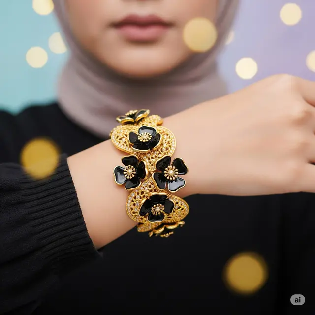 Gelang Statement Emas dengan Bunga Hitam Oversized yang Bold