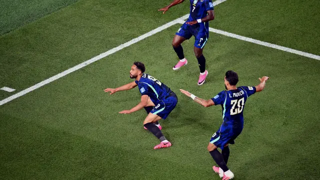Selebrasi pemain Manchester United Matheus Cunha saat Brasil melawan Haiti di Piala Dunia 2026
