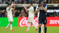 Rodrigo Bentancur (6) dari Timnas Uruguay bereaksi setelah pertandingan Grup H Piala Dunia antara Uruguay dan Spanyol di Zapopan, dekat Guadalajara, Meksiko, Sabtu, 27 Juni 2026. (AP Photo/Silvia Izquierdo)