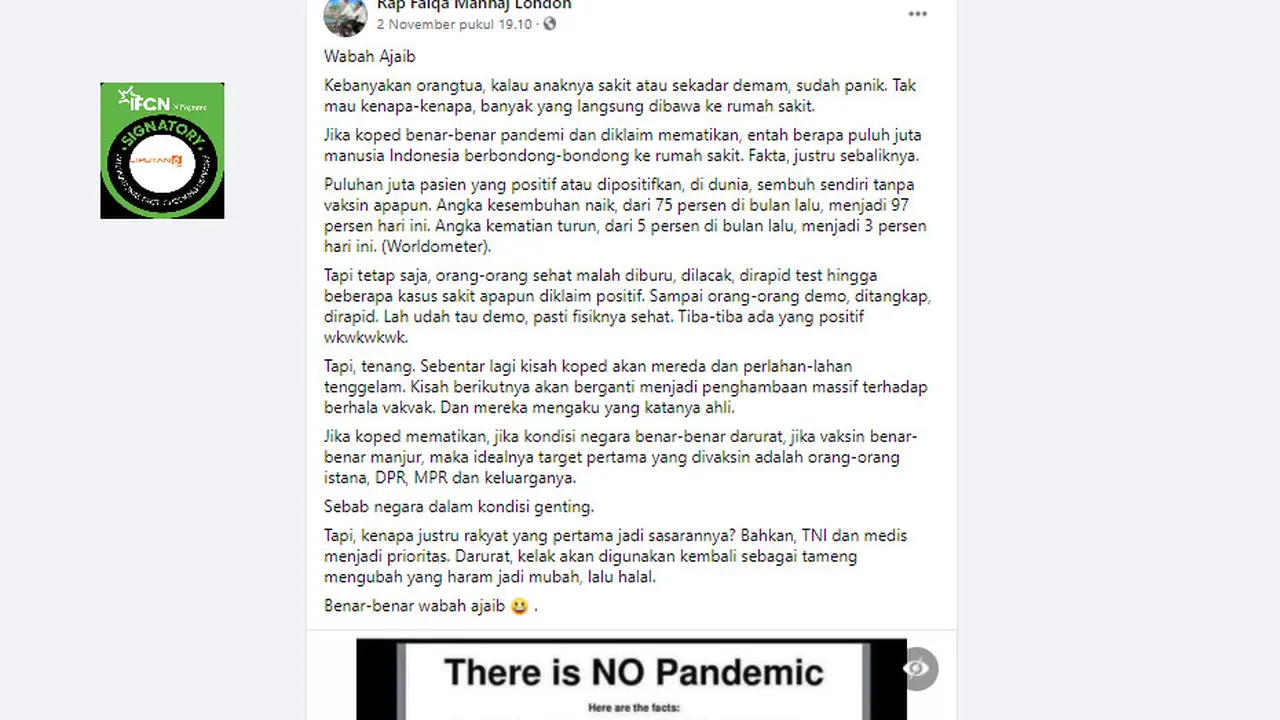 Cek Fakta Liputan6.com menelusuri kalim Covid-19 tidak mematikan Cek Fakta Liputan6.com menelusuri kalim Covid-19 tidak mematikan