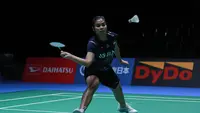 Pebulu tangkis Indonesia Gregoria Mariska Tunjung&nbsp;saat menghadapi Pornpawee Chochuwong dari Thailand pada babak 32 besar Japan Open 2023. Gregoria menang 21-19, 18-21, dan 21-18 di Yoyogi 1St Gymnasium, Tokyo, Jepang, Selasa (25/7/2023). (foto: PBSI)