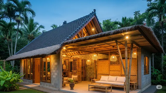 Model Rumah Sederhana dari Bambu dan Batako Dengan Kombinasi Atap Jerami dan Genteng/Ilustrasi AI
