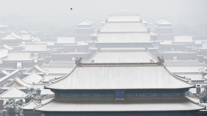Seekor burung terbang di atas Kota Terlarang setelah salju turun di Beijing (30/11/2019). Beijing mengalami hujan salju pertama di seluruh kota sejak awal musim dingin dari 29 hingga 30 November 2019. (AFP Photo/Wang Zhao)