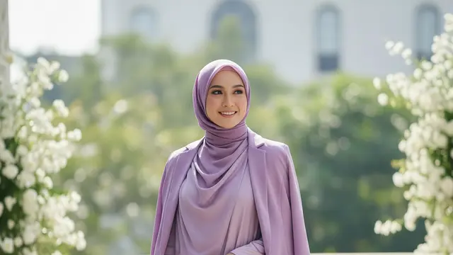 Gamis Satin Flowy dengan Outer Blazer Tipis Warna Senada
