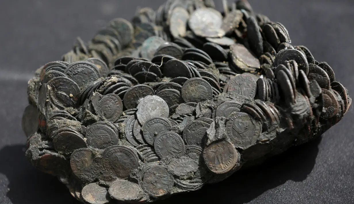 Tumpukan koin yang ditemukan Israel Antiquities Authority ( IAA ) disebuah kapal yang karam, Israel, 16 Mei 2016.Berbagai artefak ditemukan seperti lampu perunggu, patung dewi bulan Luna dll. (REUTERS / Baz Ratner)