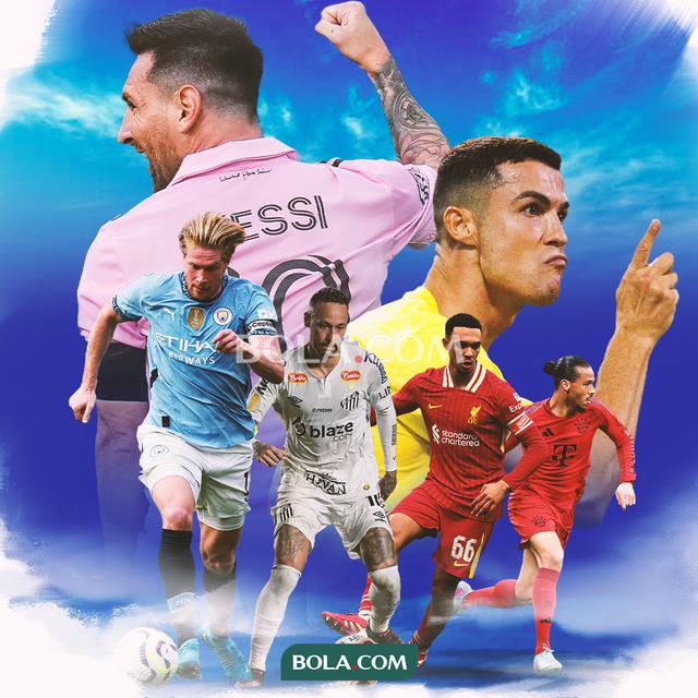 Ilustrasi - Cristiano Ronaldo, Neymar, Lionel Messi, Kevin de Bruyne, Trent Arnold, Leroy Sane