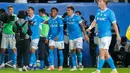 Dua gol kemenangan Napoli diborong oleh David Neres pada menit ke-39 dan 57. Tampak dalam foto, penyerang Napoli asal Brasil bernomor punggung 7, David Neres, merayakan gol kedua timnya bersama rekan-rekan setimnya selama pertandingan final Piala Super Italia melawan Bologna di Stadion King Al-Awwal Park, Riyadh pada Senin 22 Desember 2025 malam waktu setempat. (Fayez NURELDINE/AFP)