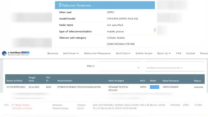 <p>Oppo Find N3 Kantongi Sertifikasi P3DN dan Terdaftar di Dirjen Postel, Segera Rilis di Indonesia. (Doc: NBTC | P3DN | Ditjen Postel)</p>
